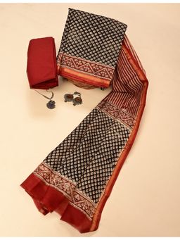 Ushvii - Black Hand Block Printed Unstitched Kurta with Pant and Dupatta