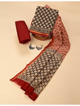 Ushvii - Black Floral Hand Block Printed Unstitched Kurta with Pant and Dupatta