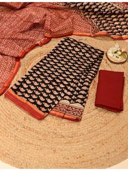 Ushvii - Black Hand Block Printed Unstitched Kurta with Pant and Dupatta