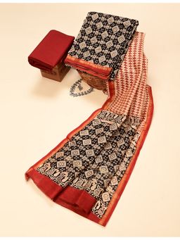 Ushvii - Black Hand Block Printed Unstitched Kurta with Pant and Dupatta