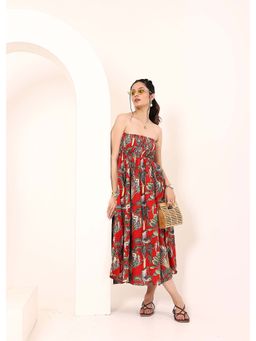 Kaori By Shreya - Red Tropical Printed Smocked Midi Dress