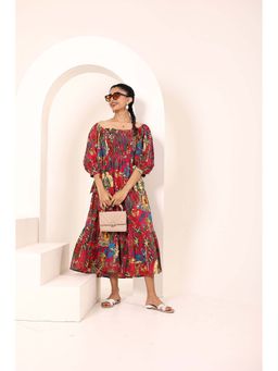 Kaori By Shreya - Red Tropical Printed Off-Shoulder Smocked Midi Dress with Pockets