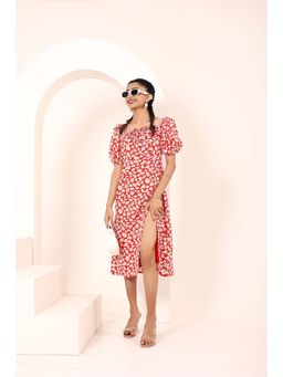 Kaori By Shreya - Red Floral Printed Crepe A-Line Dress