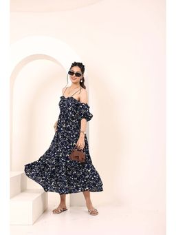 Kaori By Shreya - Blue Floral Printed Off-Shoulder Flared Dress