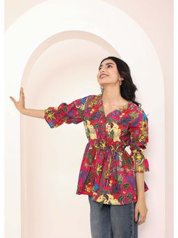 Kaori By Shreya - Pink Tropical Print Angrakha Style Cotton Kurta Top
