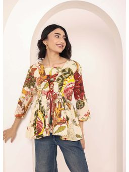Kaori By Shreya - Beige Tropical Print Criss-Cross Tie-Up Cotton Kurta Top