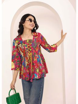 Kaori By Shreya - Pink Tropical Print Criss-Cross Tie-Up Cotton Kurta Top