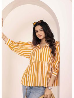 Kaori By Shreya - Yellow and White Striped Balloon Sleeve Peplum Cotton Top