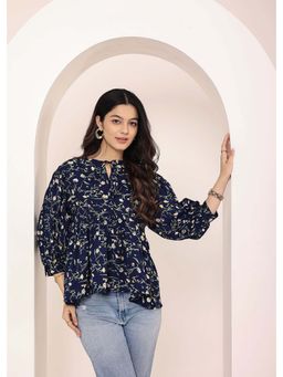Kaori By Shreya - Navy Blue Floral Print Balloon Sleeve Peplum Top