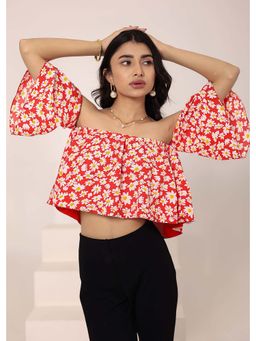 Kaori By Shreya - Red Floral Print Off-Shoulder Crop Top