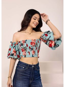 Kaori By Shreya - Sky Blue Floral Printed Shoulder Crop Top
