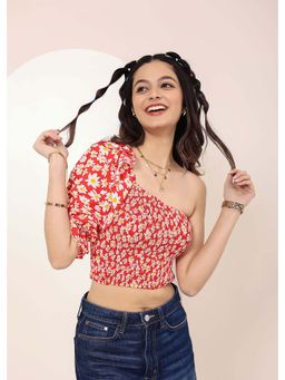 Kaori By Shreya - Red and White Floral Printed One-Shoulder Crop Top