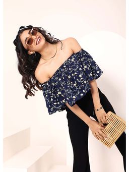 Kaori By Shreya - Blue Floral Print Off-Shoulder Crop Top