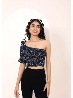 Kaori By Shreya - Blue Floral Printed One-Shoulder Crop Top with Smoked Detailing