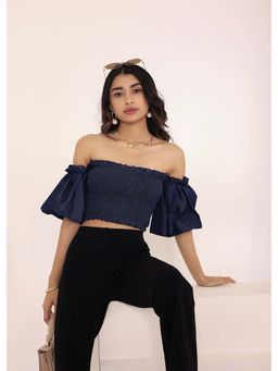 Kaori By Shreya - Navy Blue Cotton Denim V-Neck Crop Top