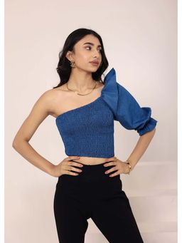Kaori By Shreya - Blue Cotton Denim One-Shoulder Crop Top with Smoked and Ruffle Detailing