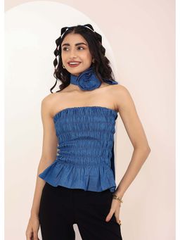 Kaori By Shreya - Light Blue Cotton Denim Smocked Tube Top with Floral Neck Tie