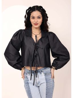 Kaori By Shreya - Black Cotton Denim Front Tie-Up Cotton Top