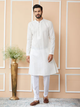 See Designs - Off White Embroidered Sequinned Chanderi Silk Kurta with Pyjama (Set of 2)