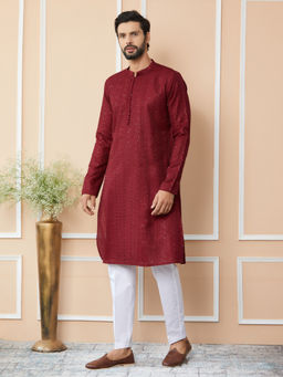 See Designs - Dark Maroon Embroidered Sequinned Chanderi Silk Kurta with Pyjama (Set of 2)