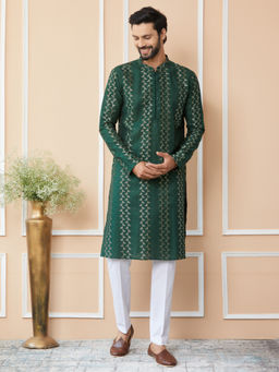 See Designs - Green Embroidered Sequinned Chanderi Silk Kurta with Pyjama (Set of 2)
