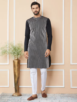 See Designs - Black Thread & Sequin Worked Cotton Kurta with Pyjama (Set of 2)