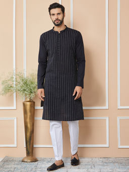See Designs - Black Thread Worked Cotton Kurta with Pyjama (Set of 2)