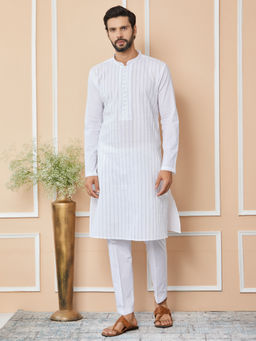See Designs - White Thread Worked Cotton Kurta with Pyjama (Set of 2)