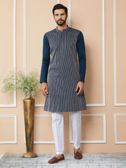 See Designs - Dark Blue Thread & Sequin Worked Cotton Kurta with Pyjama (Set of 2)