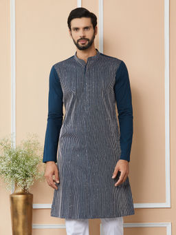 See Designs - Dark Blue Thread & Sequin Worked Cotton Kurta