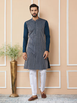 See Designs - Dark Blue Thread & Sequin Worked Cotton Kurta with Pyjama (Set of 2)