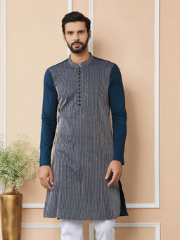 See Designs - Dark Blue Thread & Sequin Worked Cotton Kurta