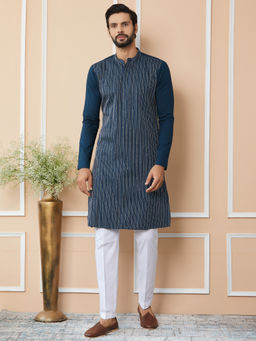 See Designs - Dark Blue Thread & Sequin Worked Cotton Kurta with Pyjama (Set of 2)