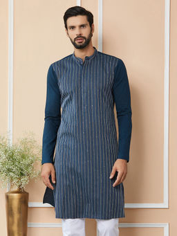 See Designs - Dark Blue Thread & Sequin Worked Cotton Kurta
