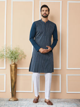 See Designs - Dark Blue Thread & Sequin Worked Cotton Kurta with Pyjama (Set of 2)