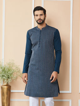 See Designs - Dark Blue Thread & Sequin Worked Cotton Kurta