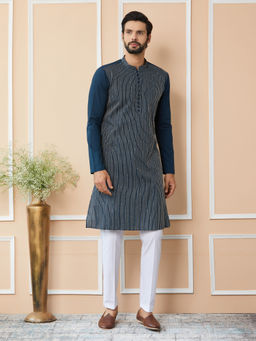 See Designs - Dark Blue Thread & Sequin Worked Cotton Kurta with Pyjama (Set of 2)