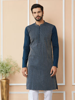 See Designs - Dark Blue Thread & Sequin Worked Cotton Kurta