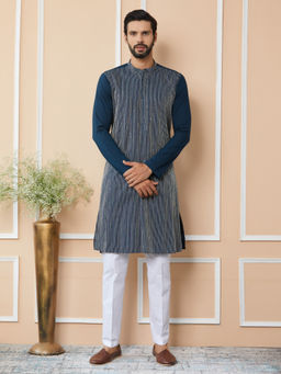 See Designs - Dark Blue Thread & Sequin Worked Cotton Kurta with Pyjama (Set of 2)