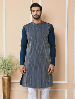 See Designs - Dark Blue Thread & Sequin Worked Cotton Kurta