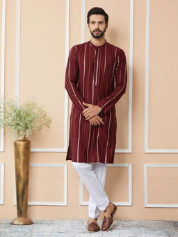 See Designs - Maroon Sequins Embroidered Chanderi Silk Kurta with Pyjama (Set of 2)