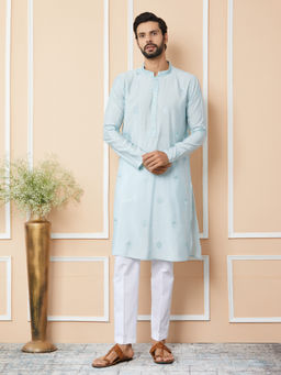See Designs - Light Cyan Embroidered Chanderi Silk Kurta with Pyjama (Set of 2)