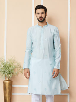 See Designs - Light Cyan Embroidered Chanderi Silk Kurta