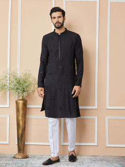 See Designs - Black Embroidered Chanderi Silk Kurta with Pyjama (Set of 2)