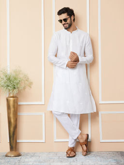 See Designs - White Embroidered Chanderi Silk Kurta with Pyjama (Set of 2)