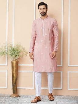 See Designs - Classic Rose Embroidered Chanderi Silk Kurta with Pyjama (Set of 2)