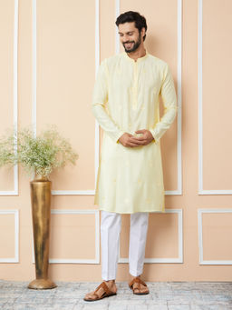 See Designs - Light Yellow Embroidered Chanderi Silk Kurta with Pyjama (Set of 2)