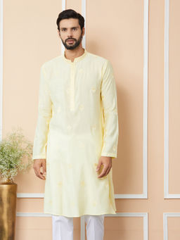 See Designs - Light Yellow Embroidered Chanderi Silk Kurta