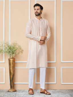 See Designs - Peach Embroidered Chanderi Silk Kurta with Pyjama (Set of 2)