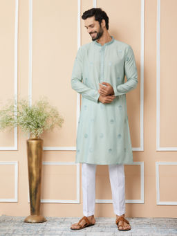 See Designs - Peppermint Green Embroidered Chanderi Silk Kurta with Pyjama (Set of 2)